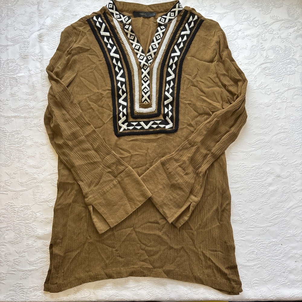 THML Top Womens Small Brown Embroidered Aztec Peasant‎ Cottage Prairie Blouse